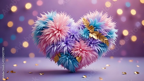 A 3D fluffy heart in pastel purple, pink, and blue tones, adorned with golden elements and set against a vibrant bokeh background.