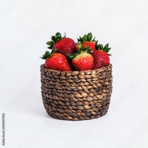 A small, dark brown woven basket brimming with six fresh, red strawberries, set against a stark white background