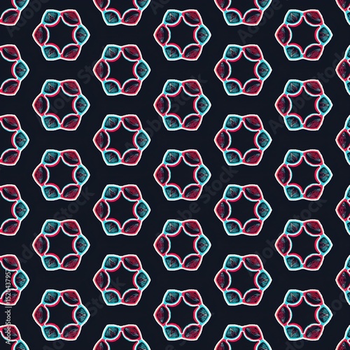 Vibrant repeating abstract shapes in red and cyan on a dark background, with a layered and glitch-like visual style.