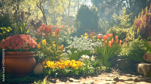 Sunlit spring garden bursting with colorful blooms in terracotta pots, nestled amongst rocks and a stone path