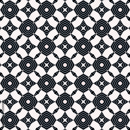 Detailed black and white geometric pattern with pink accents, forming kaleidoscopic and star-like repeating symmetrical shapes.