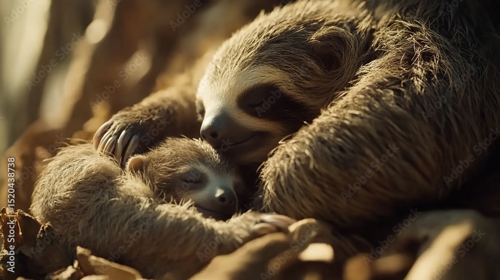 Obraz premium A mother sloth tenderly cradles her sleeping baby sloth amidst sun-dappled foliage.