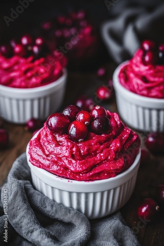 Three ramekins of vibrant crimson beet mousse, topped with fresh cranberries, sit on a dark wood surface