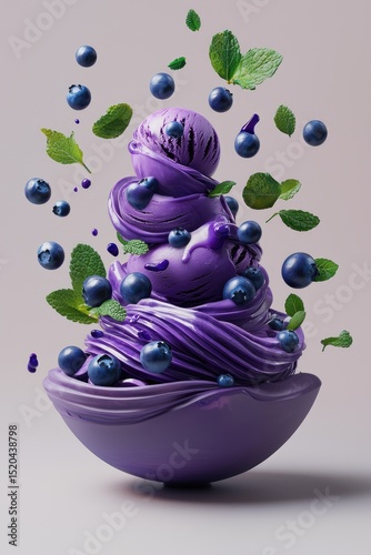 Swirling blueberry ice cream sculpture with fresh mint, levitating blueberries, and a smooth, purple bowl