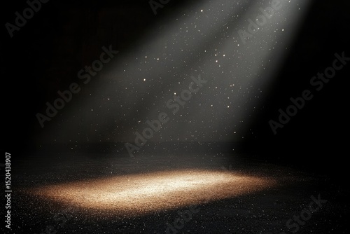 A single spotlight illuminates a dark room, casting a warm glow on the ground, with dust motes visible in the beam