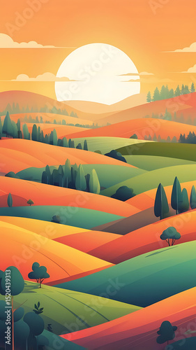Flat design landscape with minimal trees, rolling hills and sun, clean vector style with bright colors