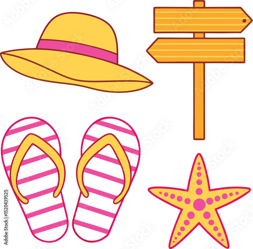 Summer vacation essentials flat icons beach hat flip flops starfish signpost