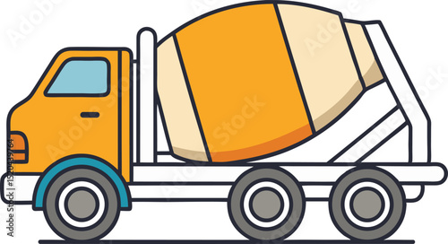 Colorful vector illustration of a cement mixer truck in side view with orange drum and white cab. Perfect for construction, transport, industrial design, or building-related graphics and icons.