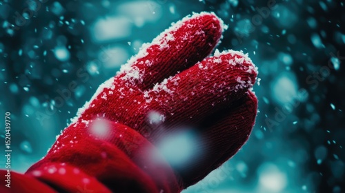 A close-up of a red knitted glove dusted with fresh snowfall against a blurred teal background of falling snow