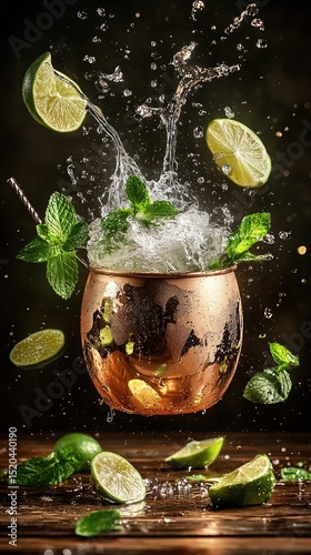 A copper mug overflows with a vibrant mint and lime cocktail, splashing water and fruit against a dark background