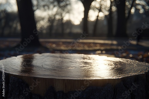 Polished tree stump in autumnal park setting, sunlight reflecting on its surface