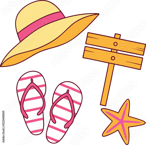 Summer vacation essentials flat lay illustration beach hat flip flops starfish wooden sign