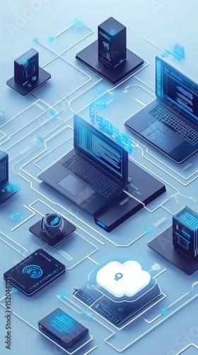 Abstract technological arrangement featuring interconnected digital devices and networks