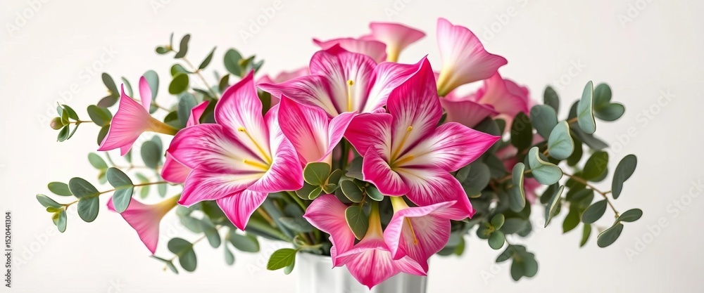 Obraz premium Elegant pink eustoma and eucalyptus bouquet in a vase on white, floral design, texture