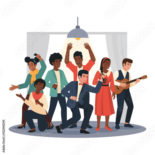 Group Performance on Stage – Singing, Dancing & Music Party Illustration