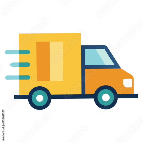 A simple, flat design icon of a yellow delivery truck with blue outlines and speed lines, indicating fast shipping or delivery.
