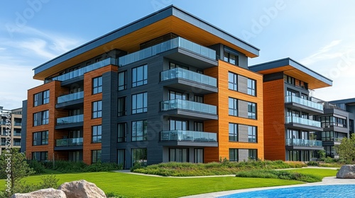 Modern apartment complex with contemporary design.  Landscaped grounds and a swimming pool are visible
