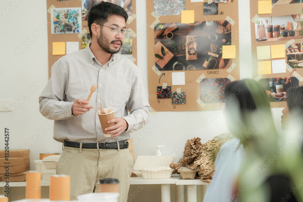 Obraz premium Young man presenting biodegradable utensils during an eco friendly product