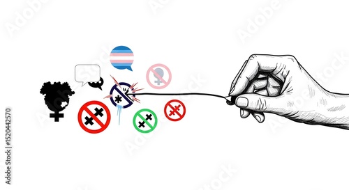 Destructive symbols of hate speech, intolerance targeting identities and free speech, for International Day for Countering Hate Speech, with copy space