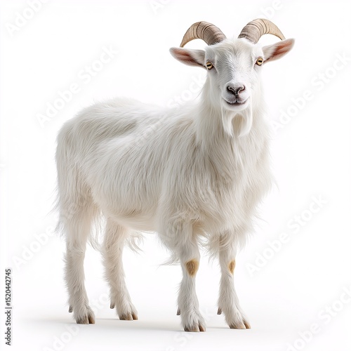 White Goat Portrait in Studio. Cute and Curious Livestock with Soft Fur and Strong Horns photo