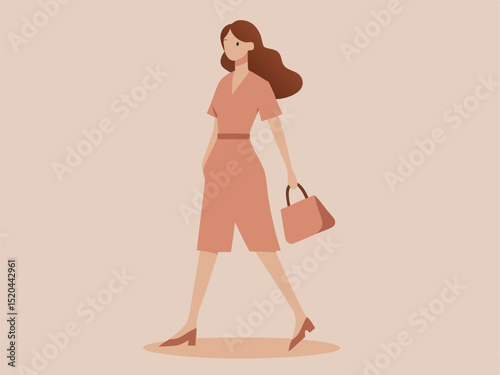 Stylish woman walking with handbag wearing a modern coral jumpsuit in a flat minimalist illustration.