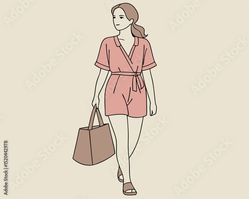 Stylish young woman in summer outfit walking and carrying a large tote bag illustration.