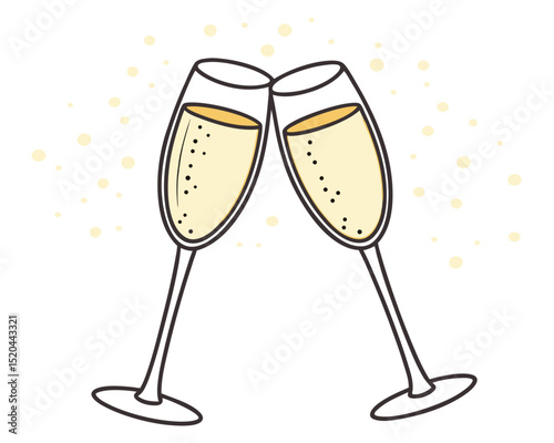 Two champagne flutes clinking together celebration illustration against white background with bubbles.