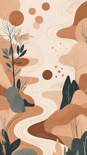 Organic abstract illustration with hand-drawn shapes and earth-tone colors, natural and artistic design


