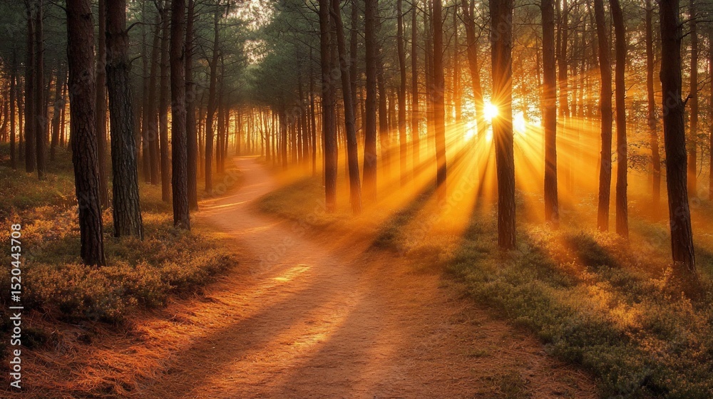 Sunbeams stream through a pine forest illuminating a winding path at sunrise. Sunbeams stream through a pine forest illuminating a winding path at sunrise.