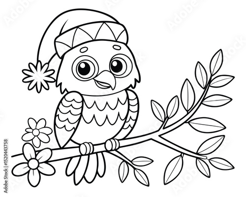 Adorable black and white illustration of a happy owl wearing a santa hat perched on a tree branch.