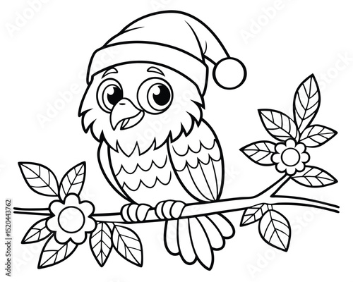 Adorable cartoon owl wearing a christmas hat perched on a branch with flowers and leaves.