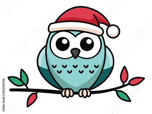 Cute christmas owl wearing a santa hat sitting on a tree branch vector illustration.