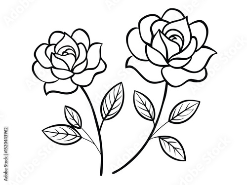 Two elegant black and white outline illustrations of beautiful blooming roses with leafy stems.