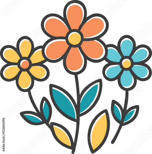 Colorful hand drawn flowers arrangement featuring orange yellow and blue blossoms with green leaves.