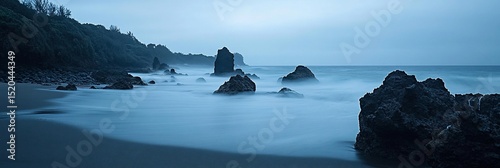 Serene coastal scene at twilight, featuring dark rocks emerging from a misty ocean, with a dark green hillside in the background.
