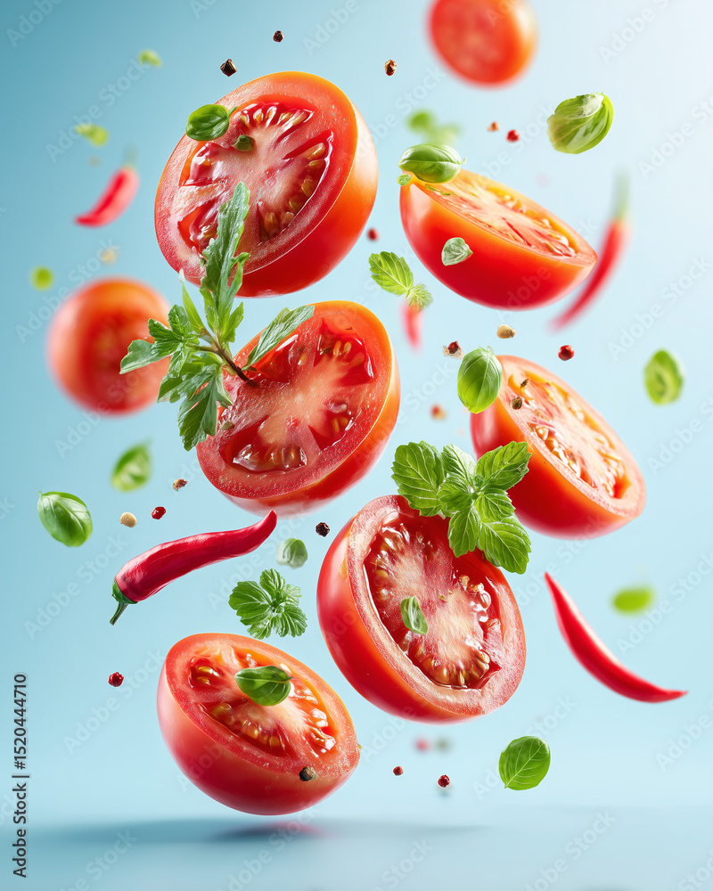 Floating tomatoes and chili peppers in mid-air, fresh herbs, blue background, food photography Floating tomatoes and chili peppers in mid-air, fresh herbs, blue background, food photography