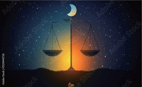 A balanced scale illuminated by a mystical night sky with a crescent moon.