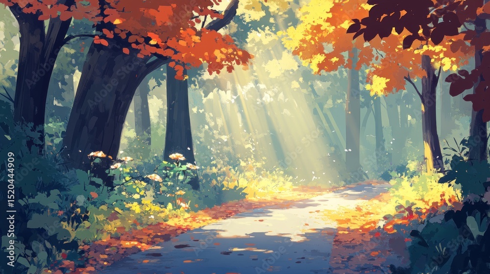 Fototapeta premium Autumn forest path, sunbeams