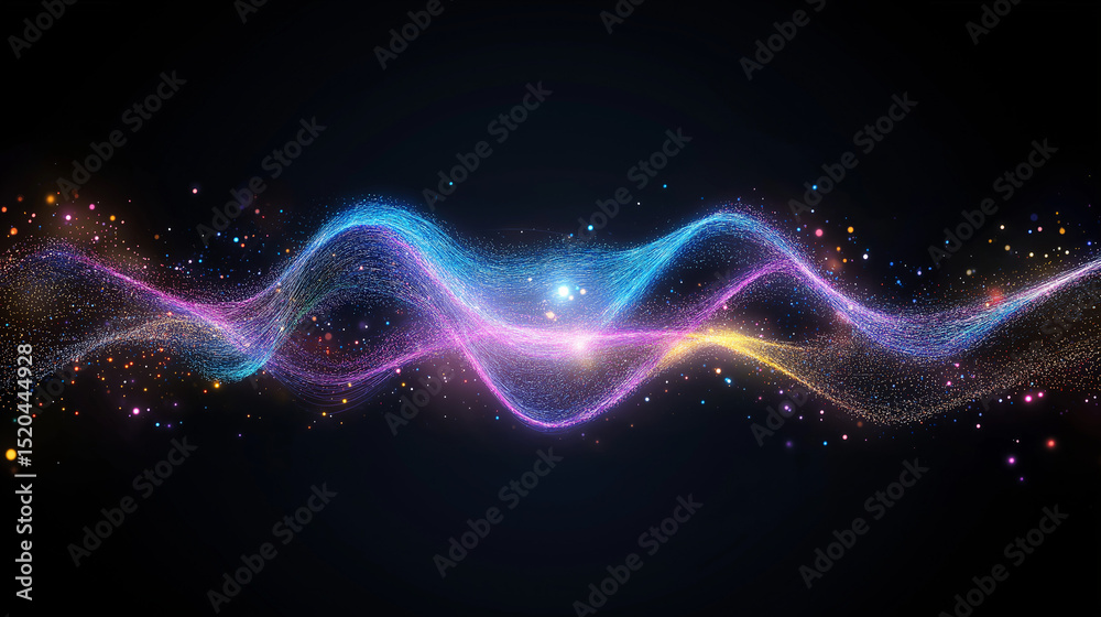 Obraz premium Harmonic Waves in the Cosmos: A mesmerizing dance of light, color, and energy. Vibrant, flowing waves of cyan, magenta, and gold surge across a cosmic expanse.