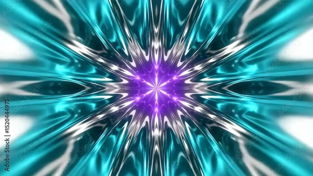 Dynamic abstract shimmering metallic starburst with vibrant teal, purple, and silver light rays