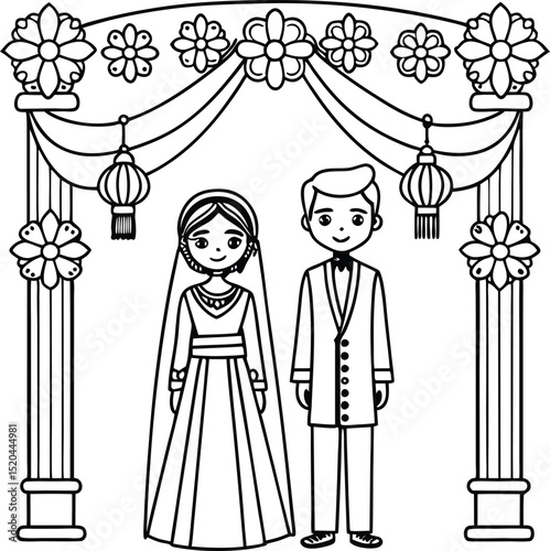 Happy indian couple wedding ceremony under floral archway
