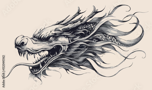 Intricate black and white dragon artwork with flowing mane and fierce expression.