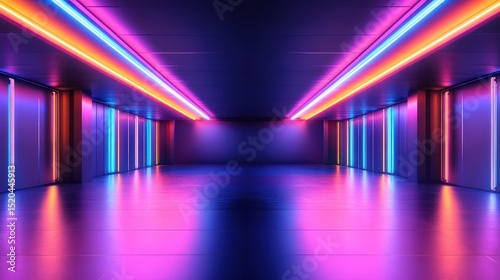 Neon tunnel with vibrant colors and reflective floor