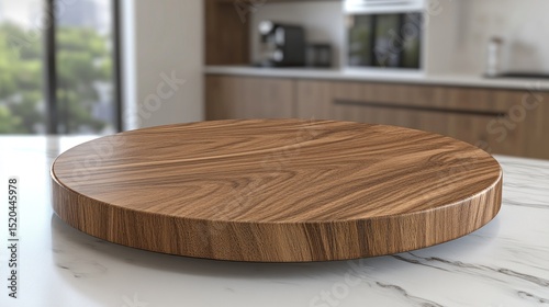 Round wooden cutting board on a marble countertop, blurred kitchen background