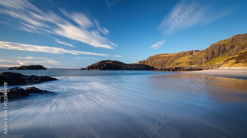Coastal beach scene with dramatic skies and water movement