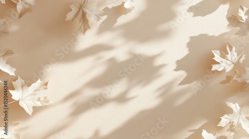 Beige background with scattered autumn leaves and their shadows.
