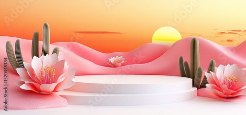 Sunset desert scene with pink flowers and cacti surrounding a white podium.