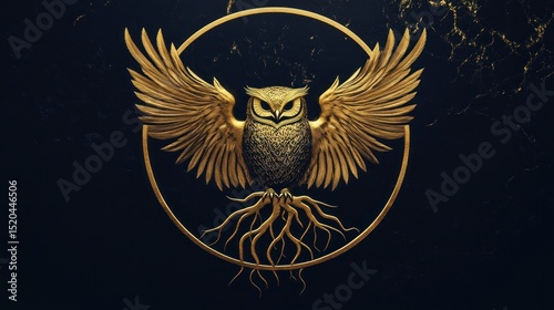 Gold owl with spread wings, circular frame, dark background, intricate roots