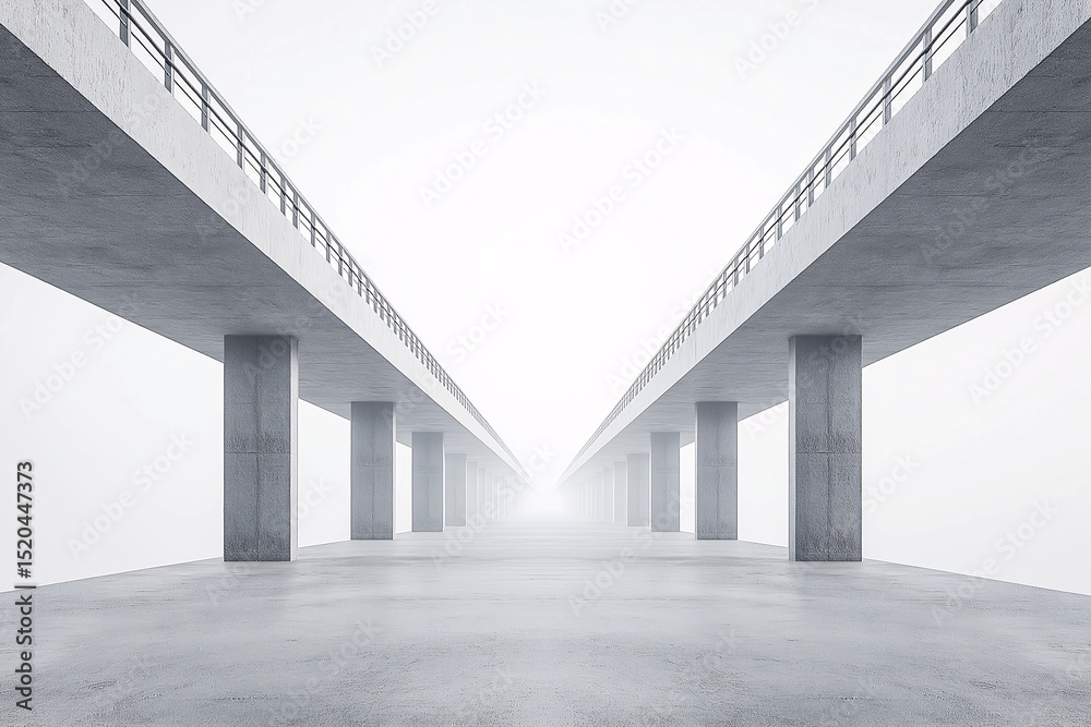Abstract Modern Concrete Bridge Architecture. Minimalist Urban Landscape with Symmetric Design & Foggy Horizon Abstract Modern Concrete Bridge Architecture. Minimalist Urban Landscape with Symmetric Design & Foggy Horizon