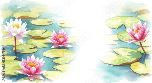 池に浮かぶ睡蓮の水彩画イラスト